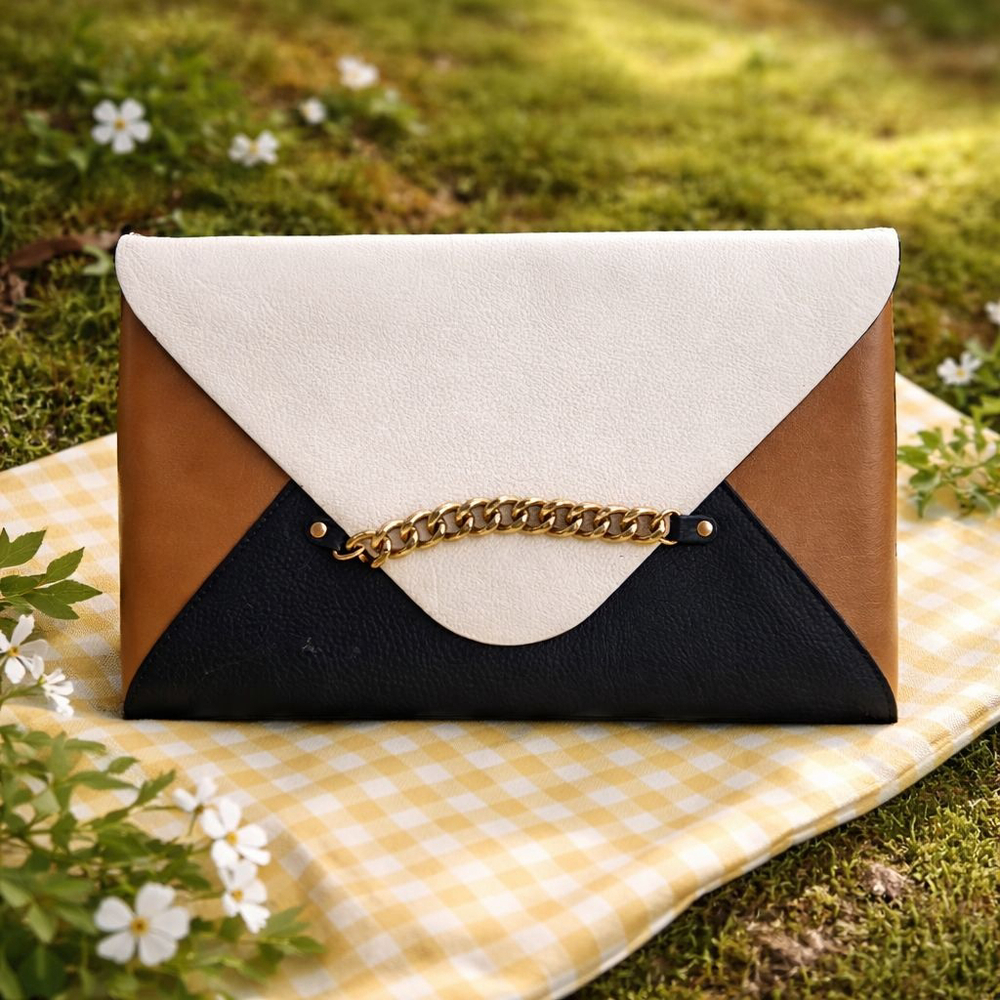 Women's Mud Pie Colorblock Envelope Clutch in Beige, Black, Brown.Brass Chain